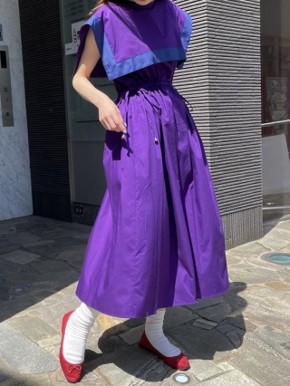 Big color no-sleeve waist drawstring gathered dress