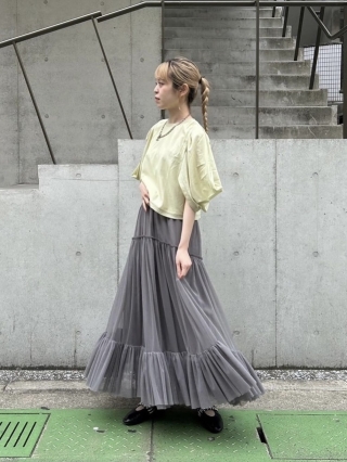 Gathered tulle skirt with hem switching