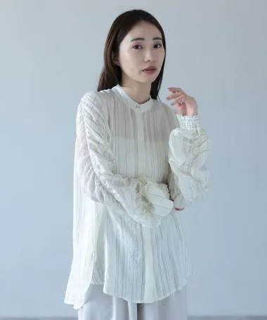 HERENCIA / Volume gathered sleeve stripe shirt blouse