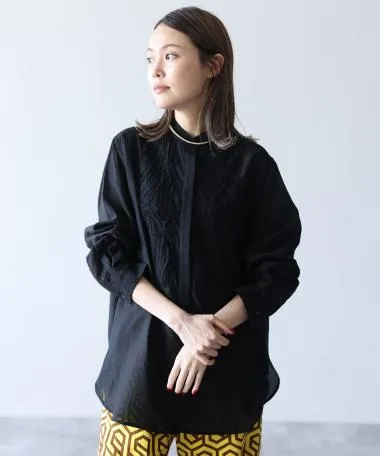 HERENCIA / Sheer cord lace band collar long shirt blouse