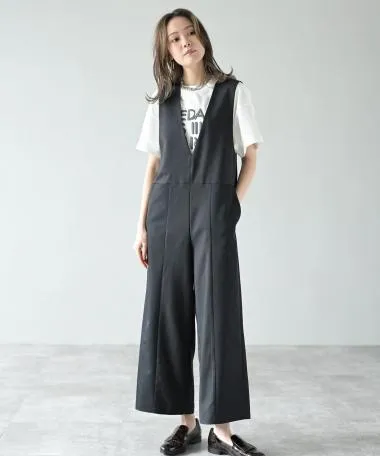 HERENCIA / v-neck side switching overalls