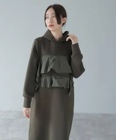 HERENCIA / Front Double Ruffle Frill Air Cushion Parka Dress