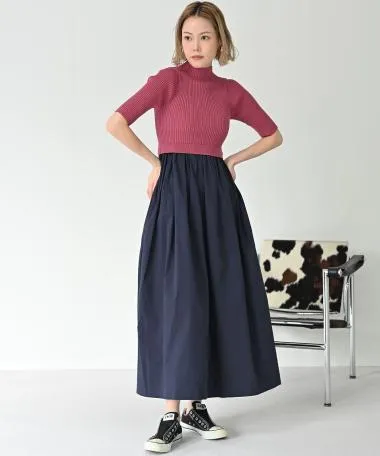 HERENCIA / Rib knit combination flare dress